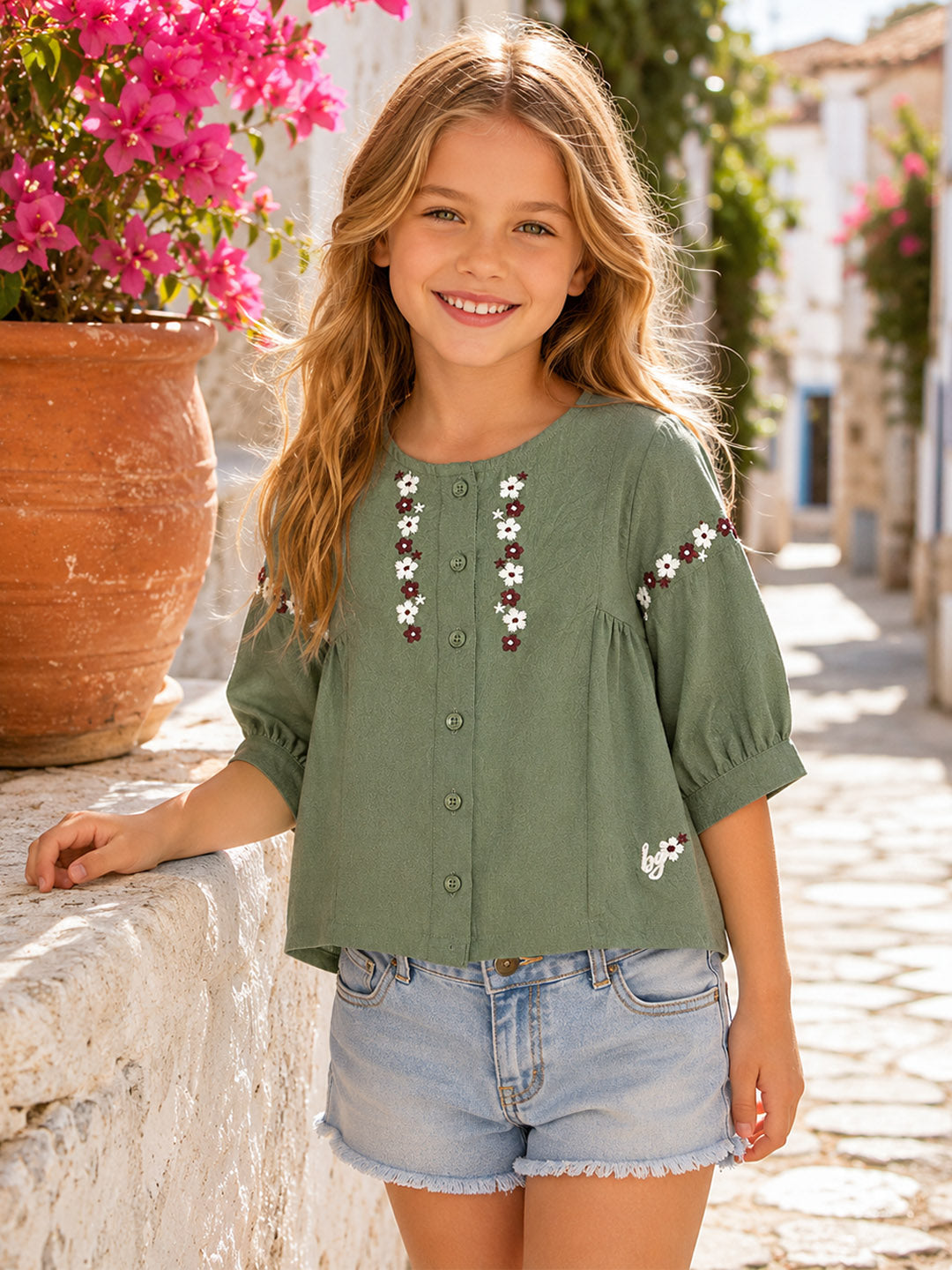 Blue Giraffe Girls Olive Green Embroidered Fit & Flared Top