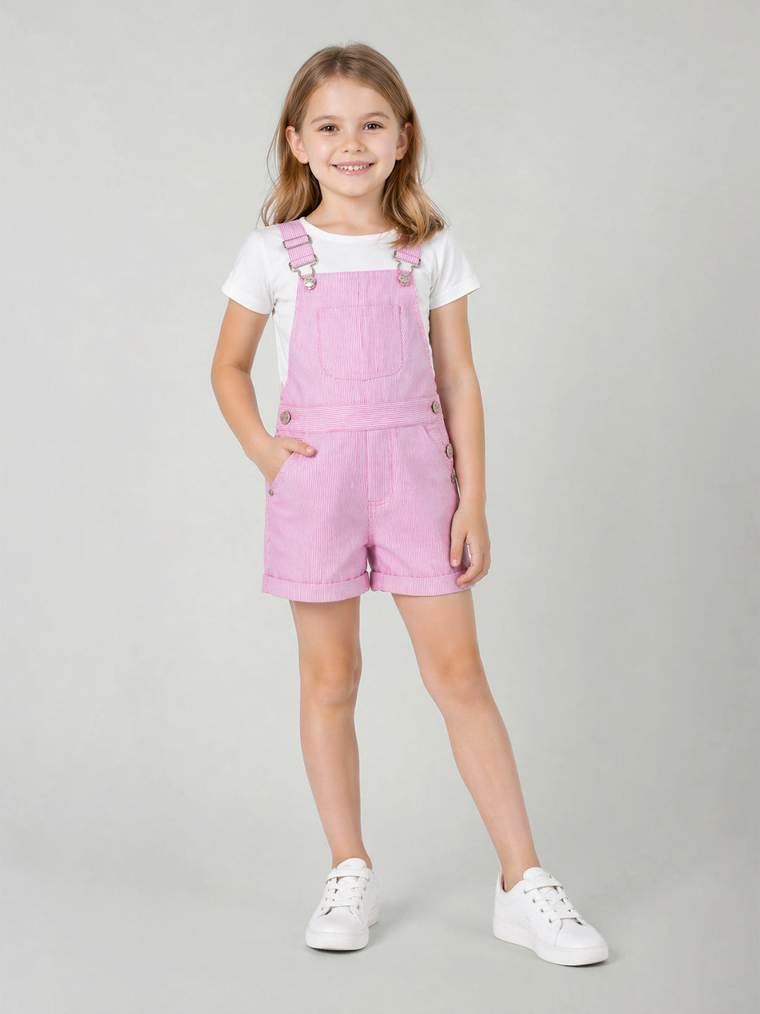 Blue Giraffe Pink Cotton Striped Girls Jumpsuit