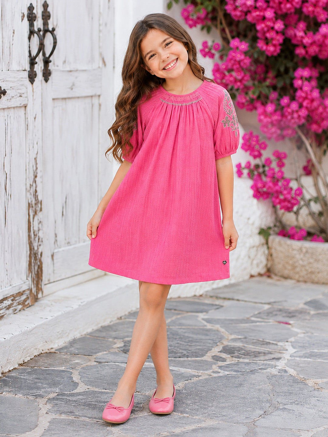 Blue Giraffe Girls Pink Solid Flared Fit Dress