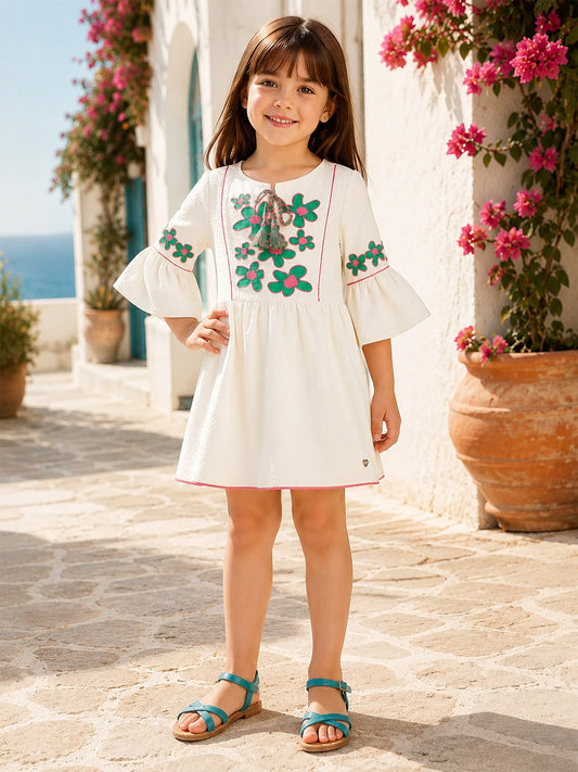 Blue Giraffe Girls White Embroidered Fit & Flared Dress