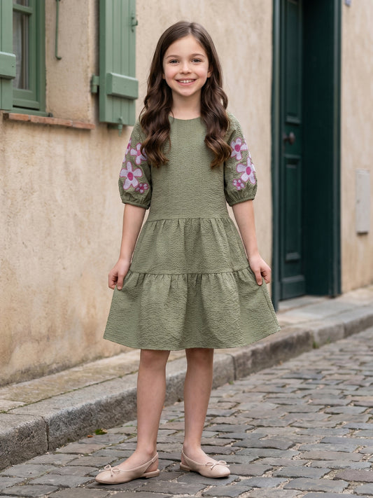 Blue Giraffe Green Solid Girls Dress