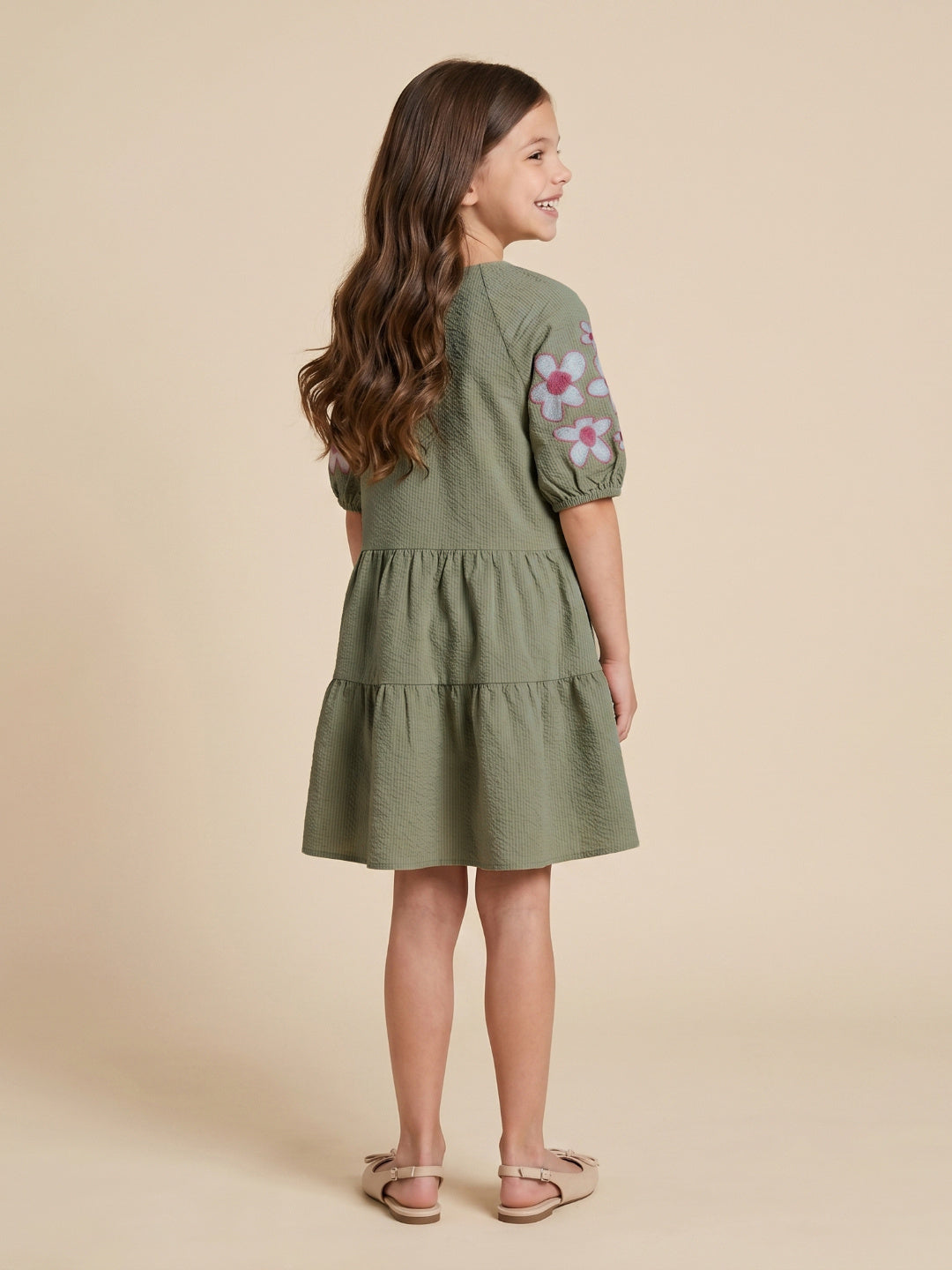 Blue Giraffe Green Solid Girls Dress