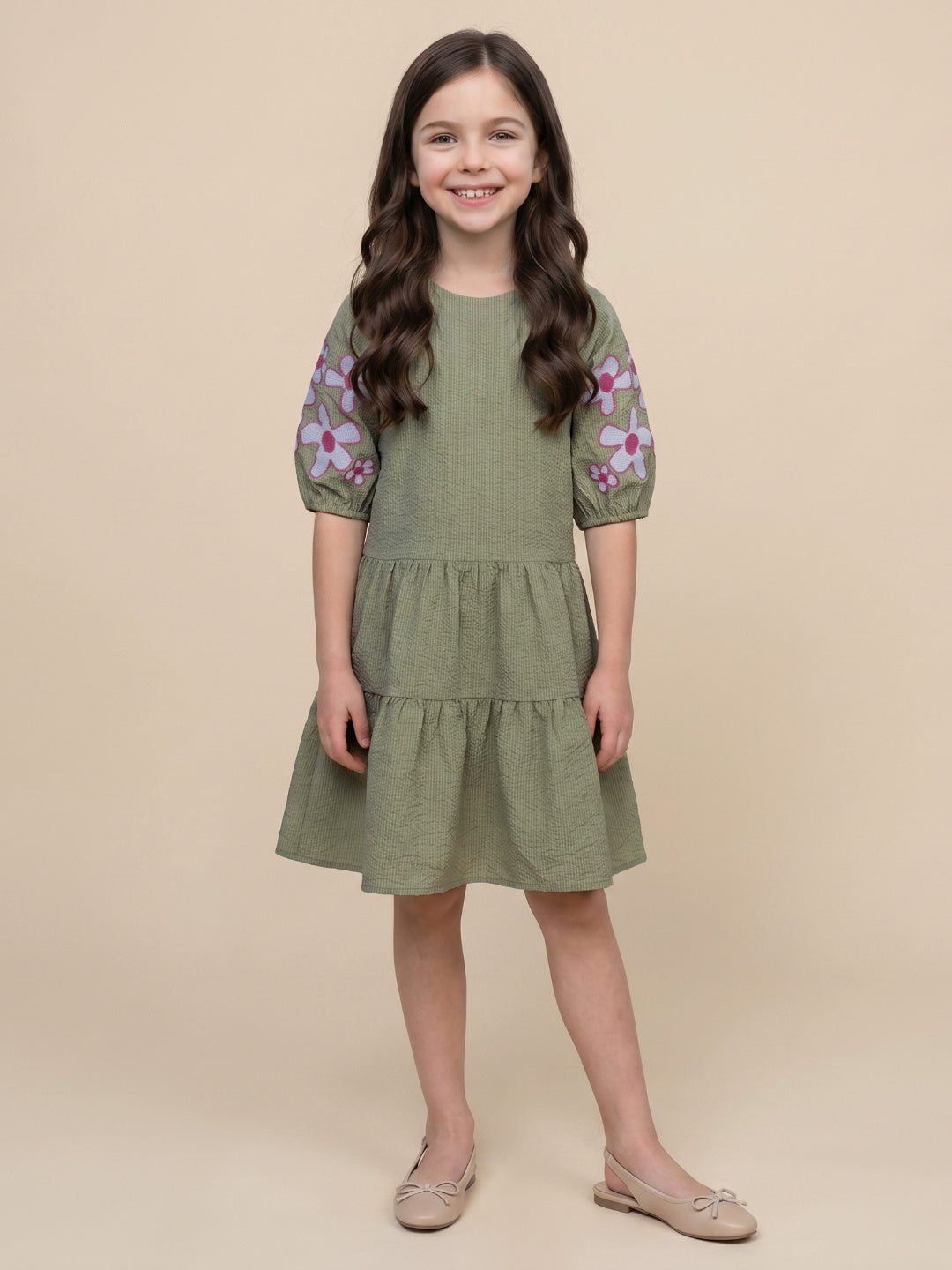 Blue Giraffe Green Solid Girls Dress