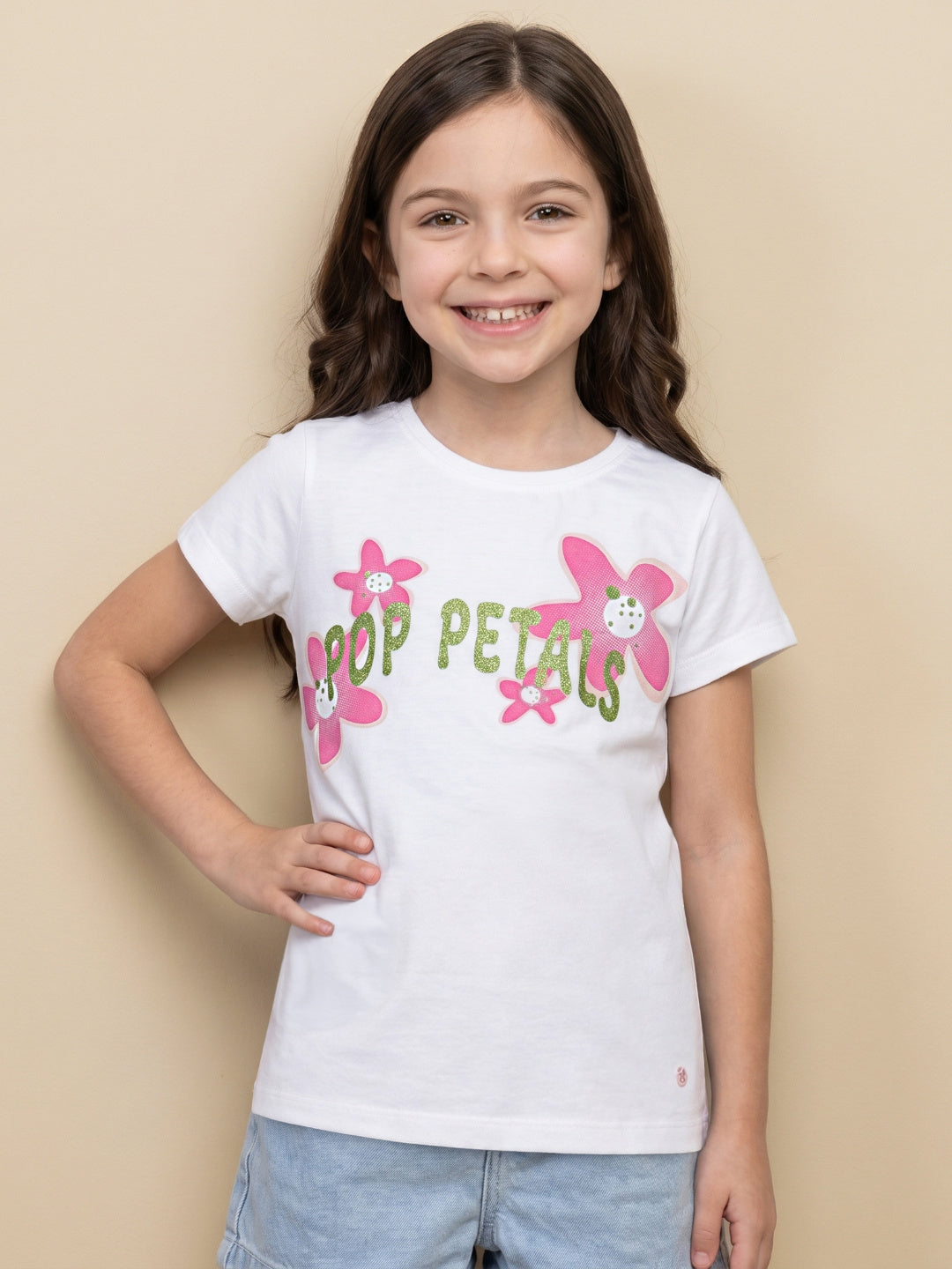 Blue Giraffe White Cotton Solid Girls T Shirt