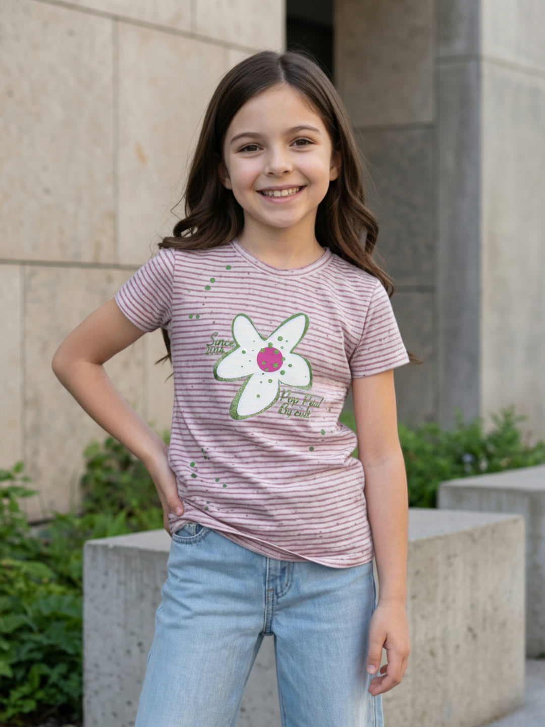 Blue Giraffe Pink Stripes Girls T Shirt
