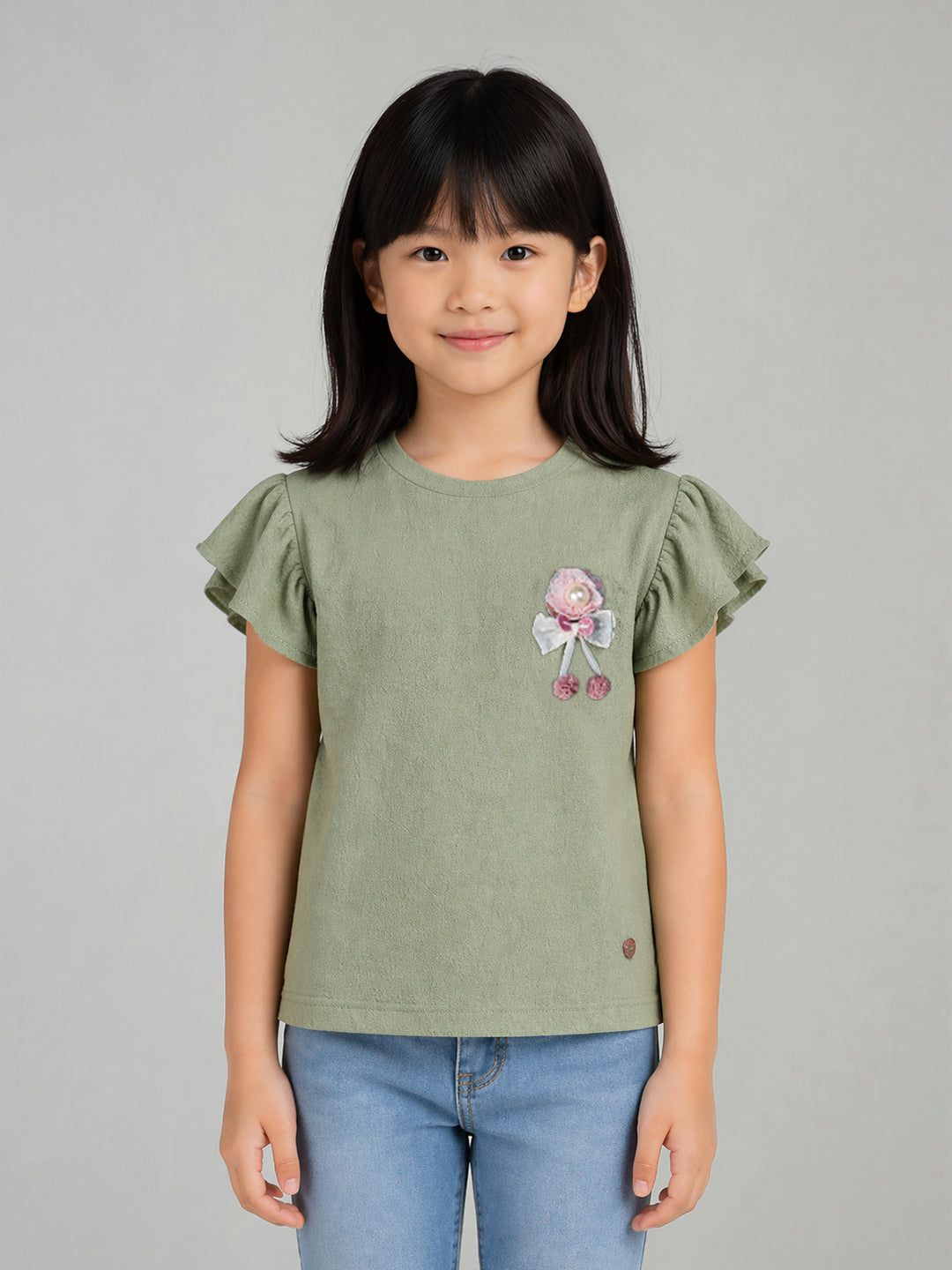 Blue Giraffe Green Solid Girls Tshirt