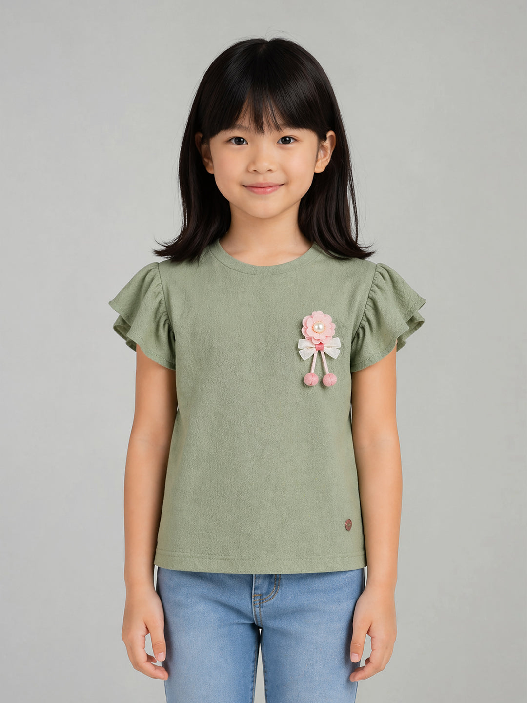 Blue Giraffe Green Solid Girls Tshirt