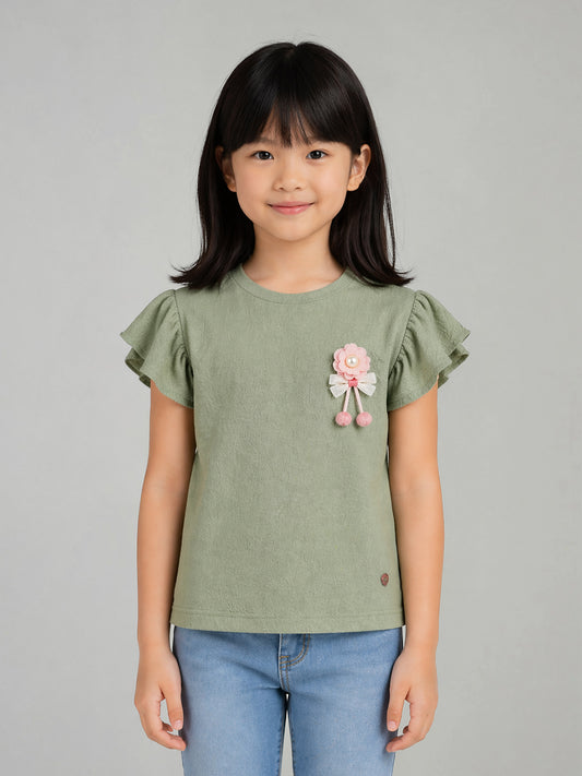 Blue Giraffe Green Solid Girls Tshirt