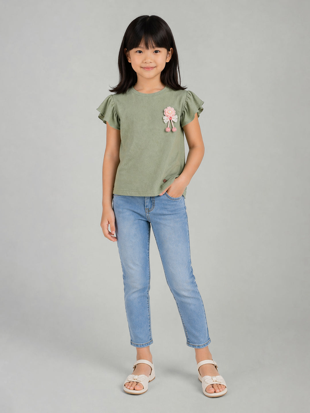 Blue Giraffe Green Solid Girls Tshirt