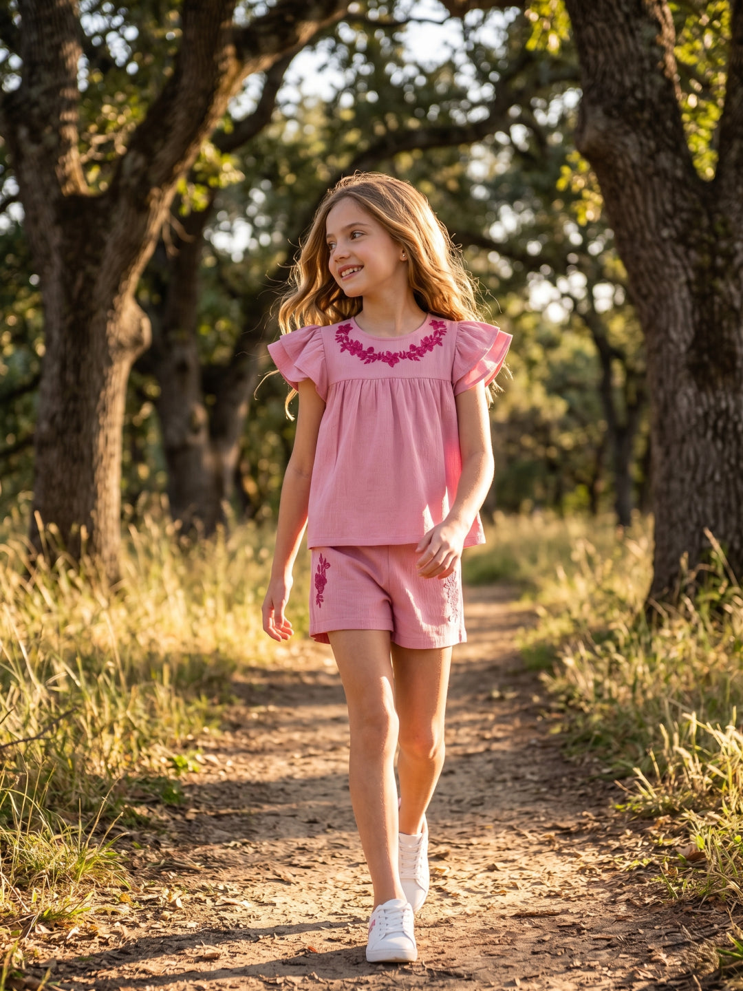 Blue Giraffe Girls Pink Embroidered Fit & Gathered Top