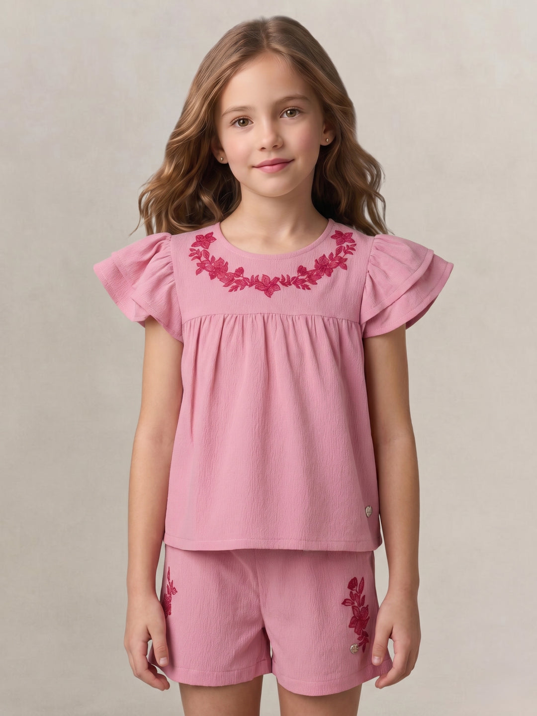 Blue Giraffe Girls Pink Embroidered Fit & Gathered Top