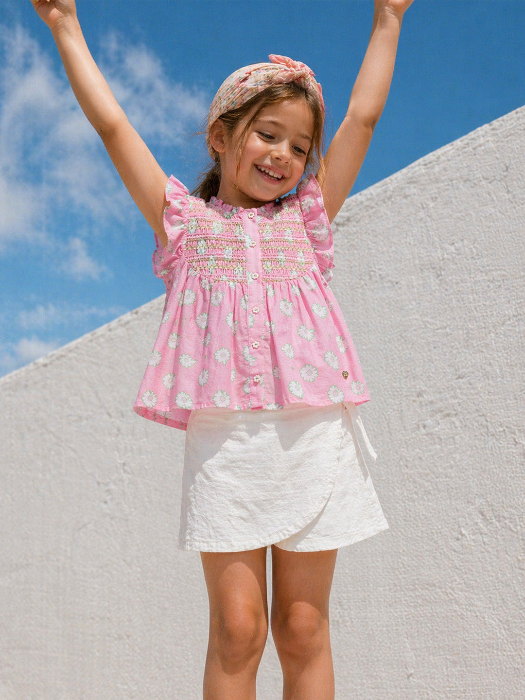 Blue Giraffe Girls Pink Floral Mandarin Collar Top