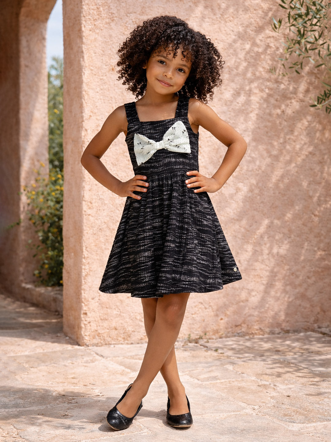 Blue Giraffe Girls Black Striped Flared Fit Dress