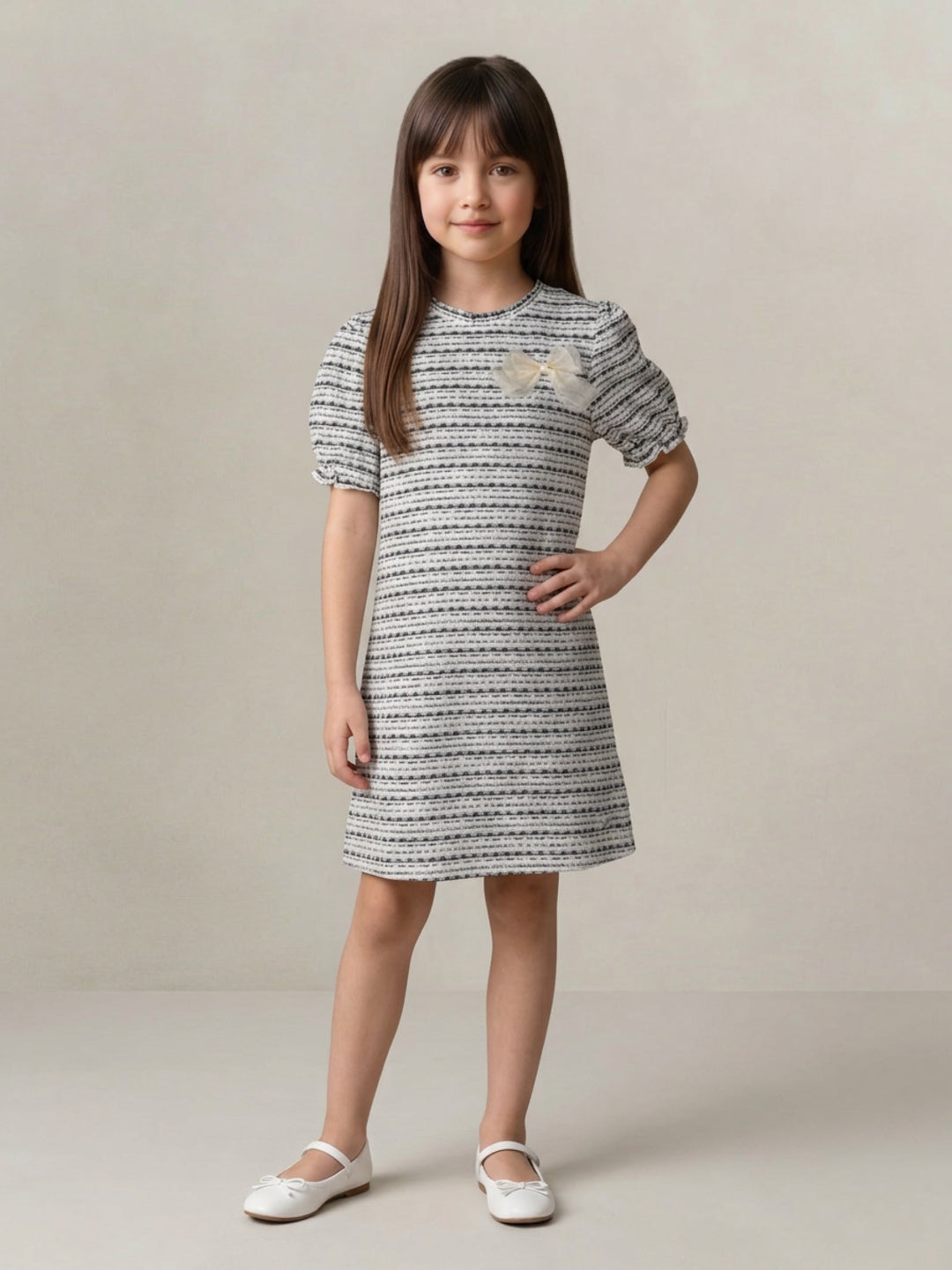 Blue Giraffe Girls White Jacquard Dress