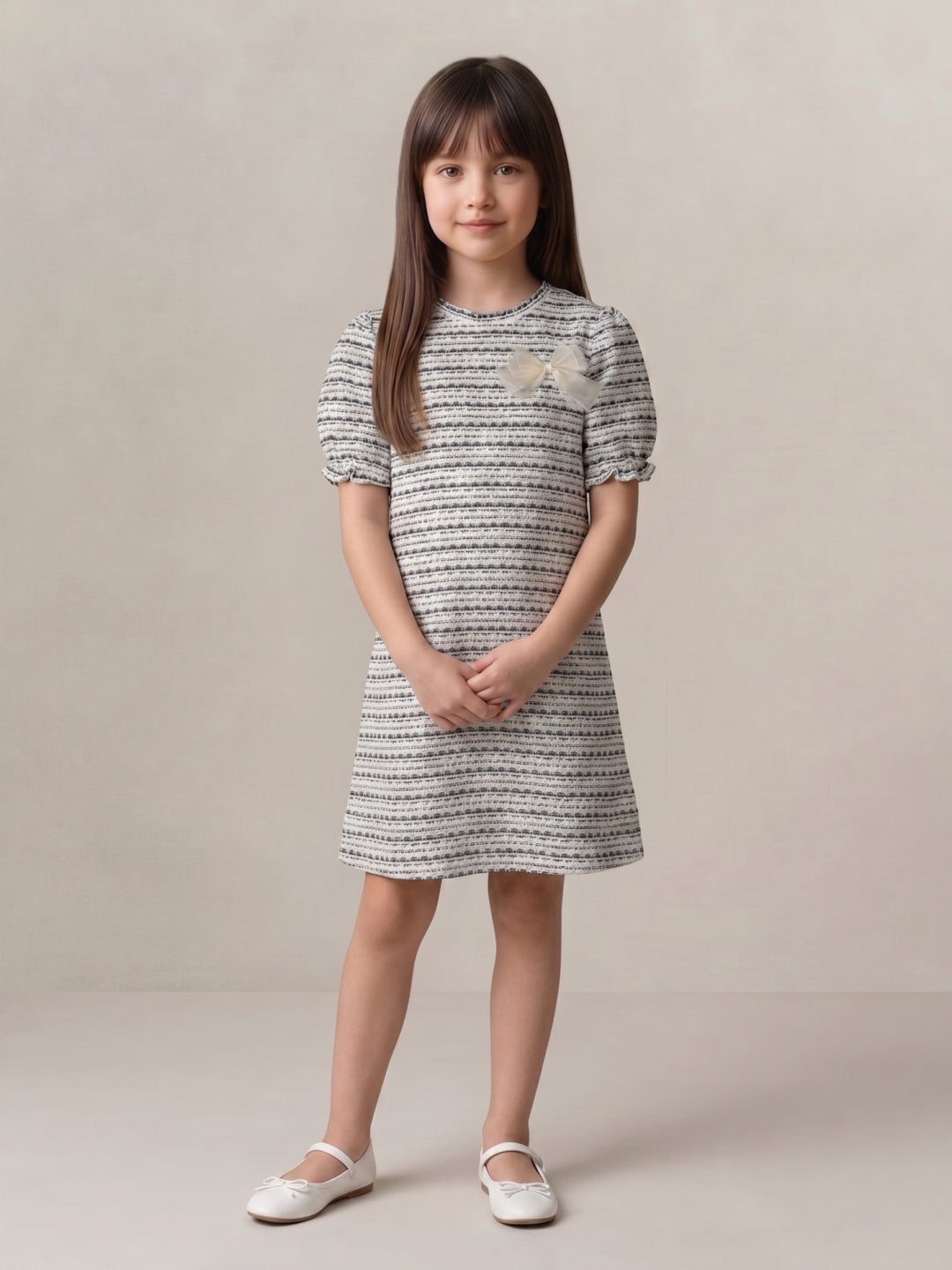 Blue Giraffe Girls White Jacquard Dress