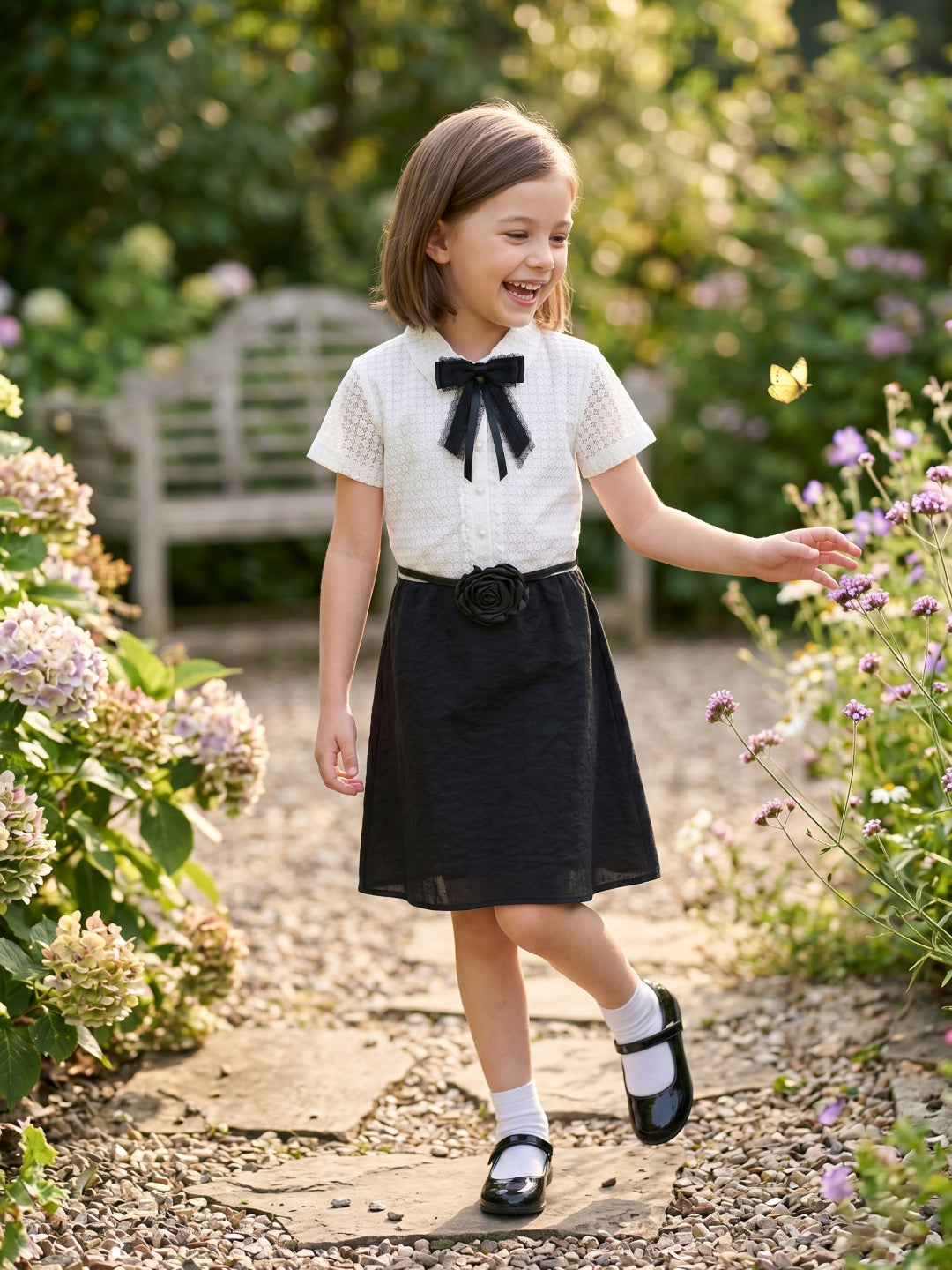 Blue Giraffe Girls White Jacquard Dress