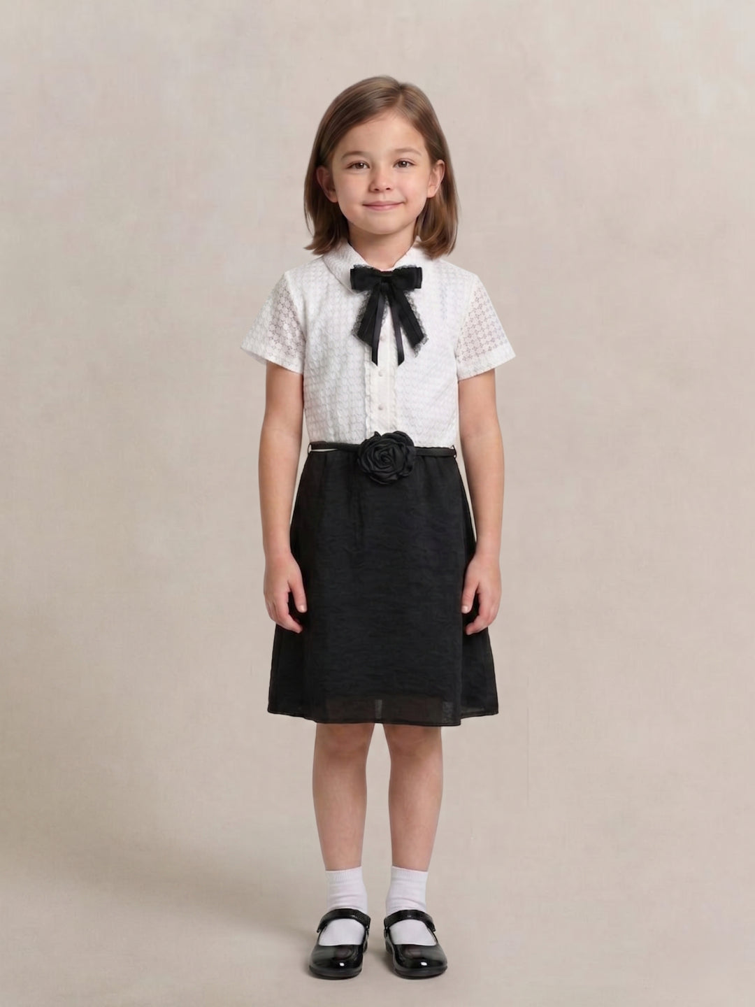 Blue Giraffe Girls White & Black Textured Fit & Flare Dress