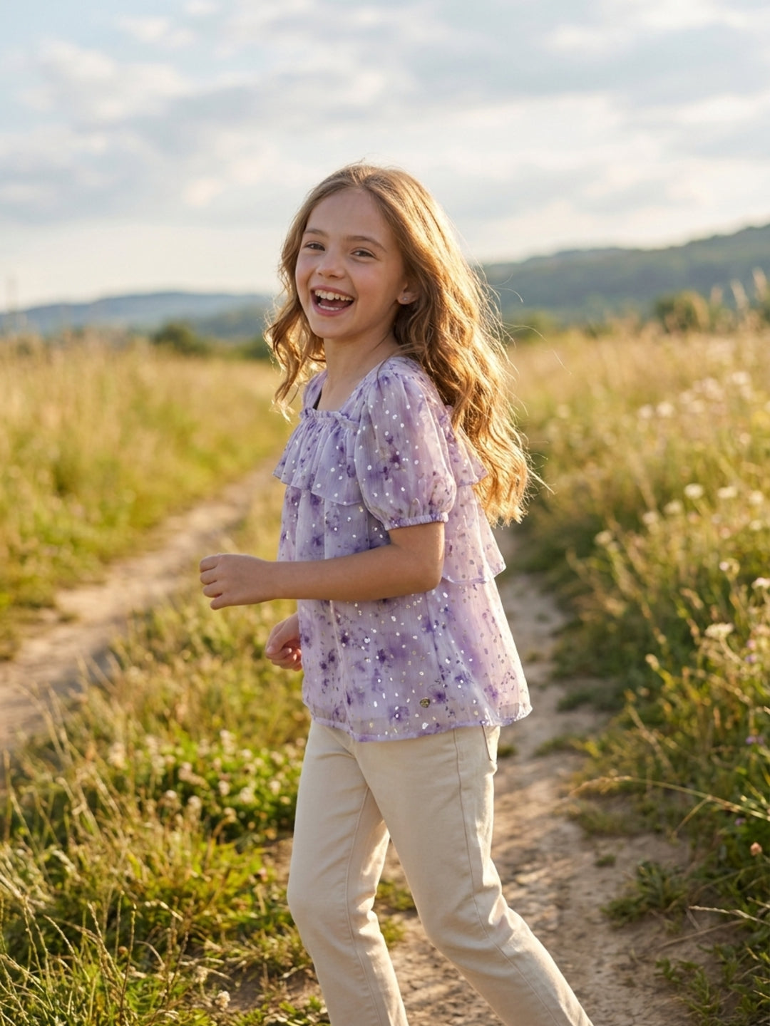 Blue Giraffe Girls Purple Printed Flared Fit Top