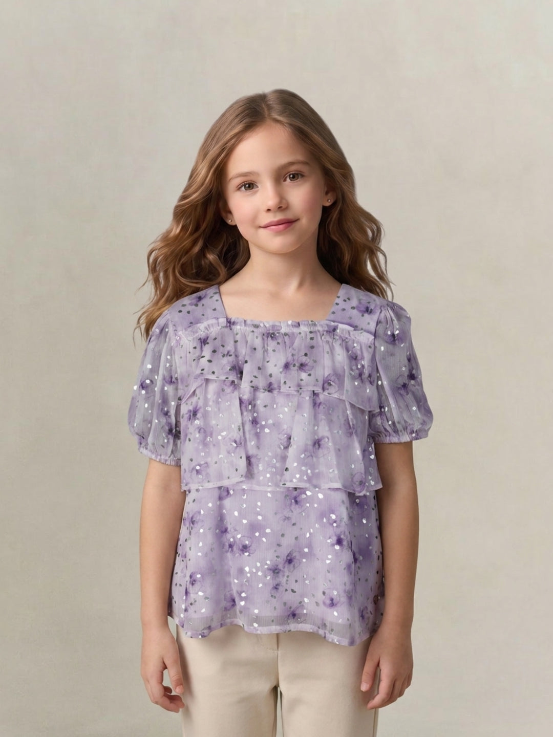 Blue Giraffe Girls Purple Printed Flared Fit Top