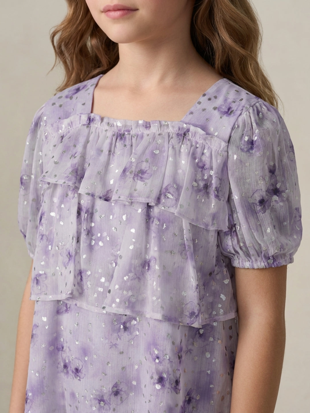 Blue Giraffe Girls Purple Printed Flared Fit Top