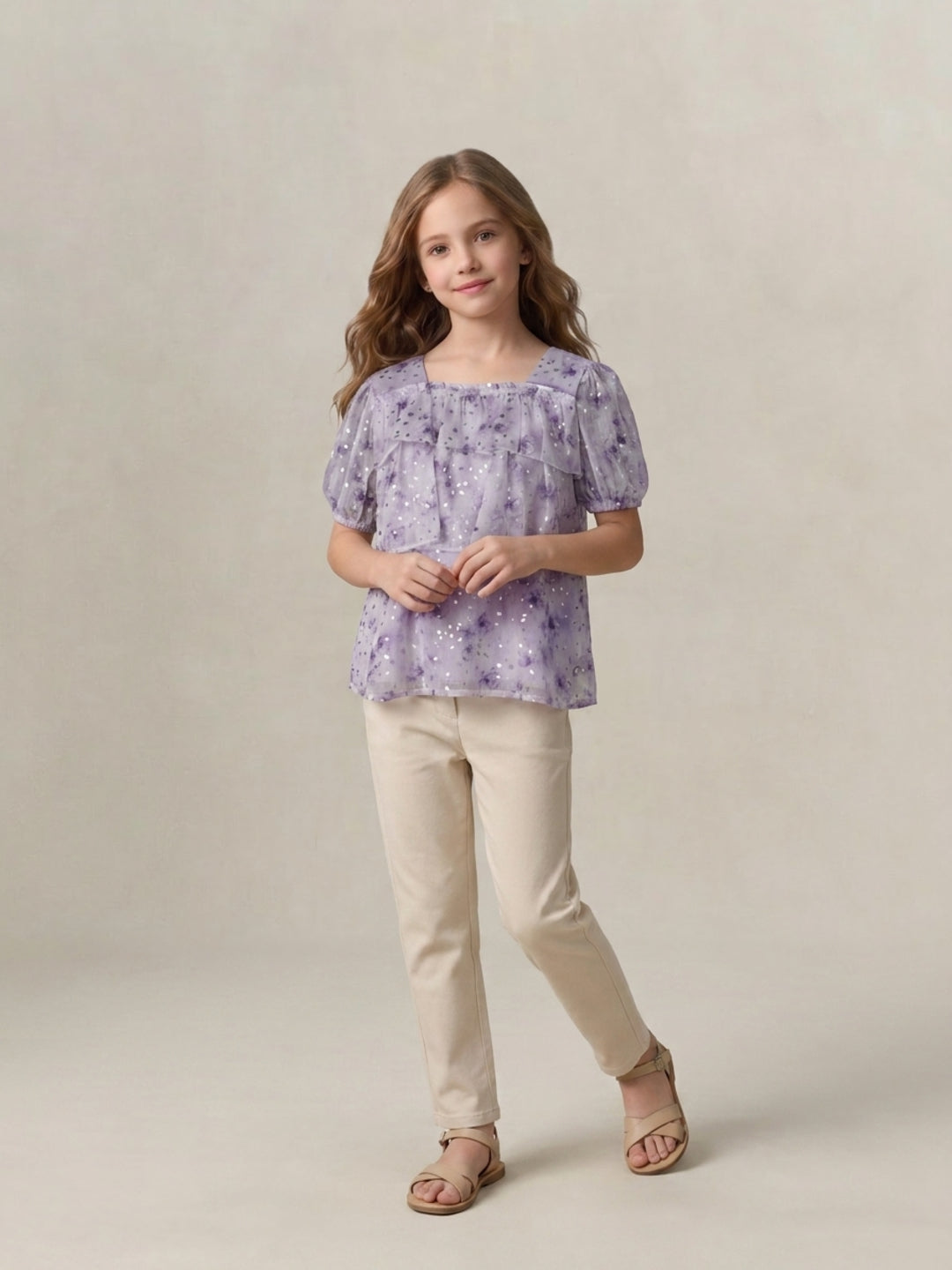 Blue Giraffe Girls Purple Printed Flared Fit Top