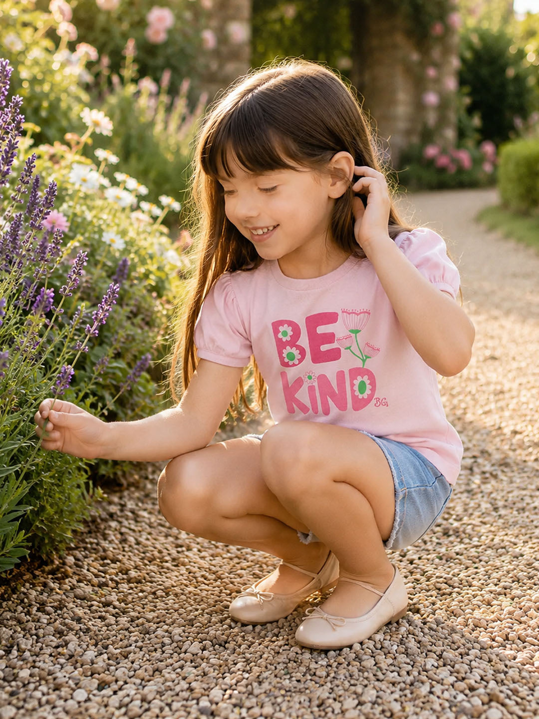 Blue Giraffe Girls Pink Printed Round Neck T-Shirt