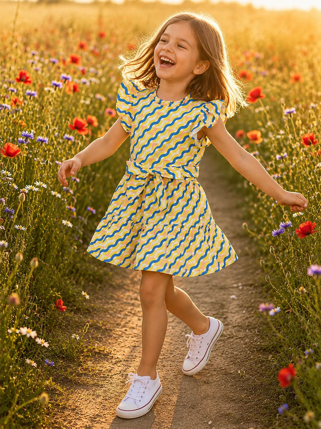 Blue Giraffe Girls Multicolor Striped Fit & Flared Pure Cotton Dress
