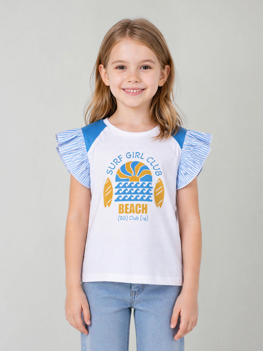 Blue Giraffe White Cotton Printed Girls Tshirt