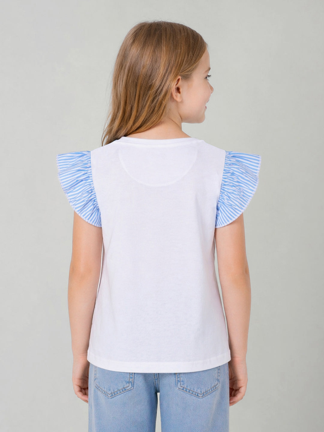 Blue Giraffe White Cotton Printed Girls Tshirt