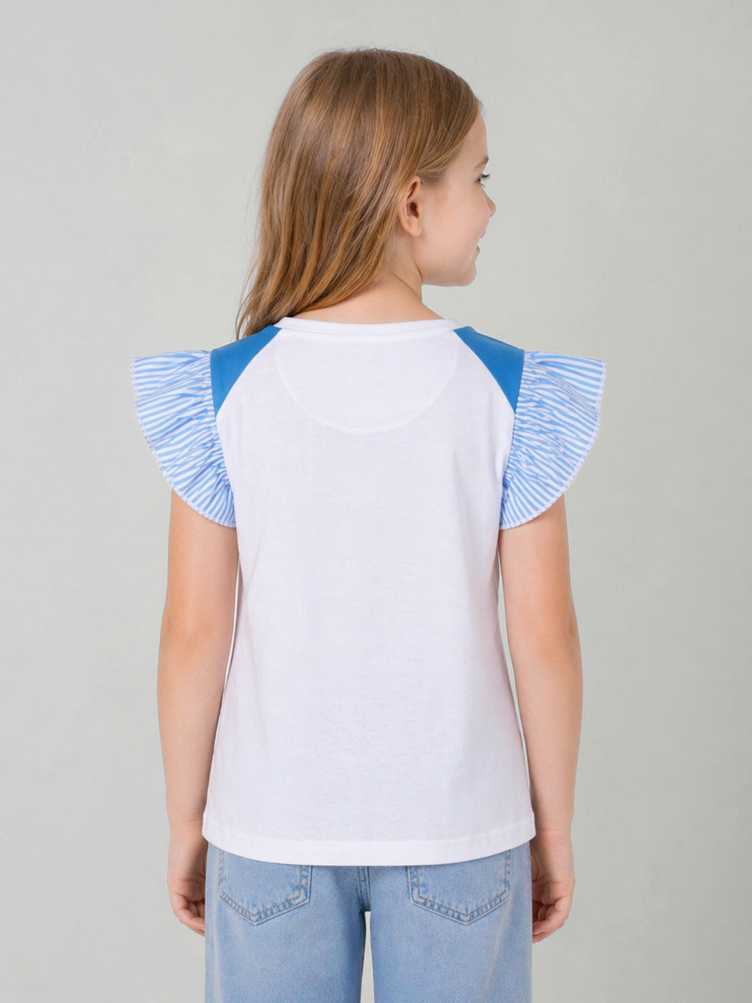 Blue Giraffe White Cotton Printed Girls Tshirt