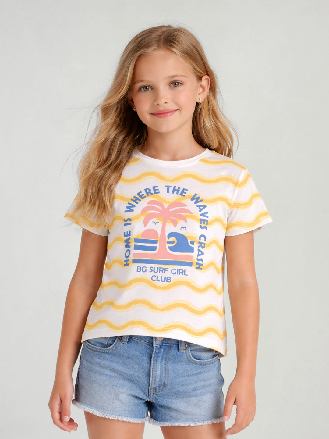 Blue Giraffe Girls Yellow Printed Regular Fit Pure Cotton T-Shirt