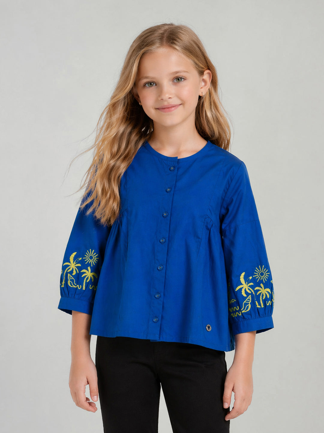 Blue Giraffe Blue Cotton Solid Girls Top