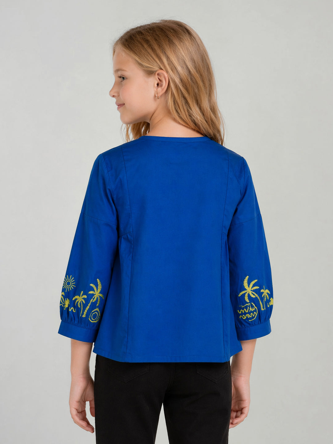 Blue Giraffe Blue Cotton Solid Girls Top