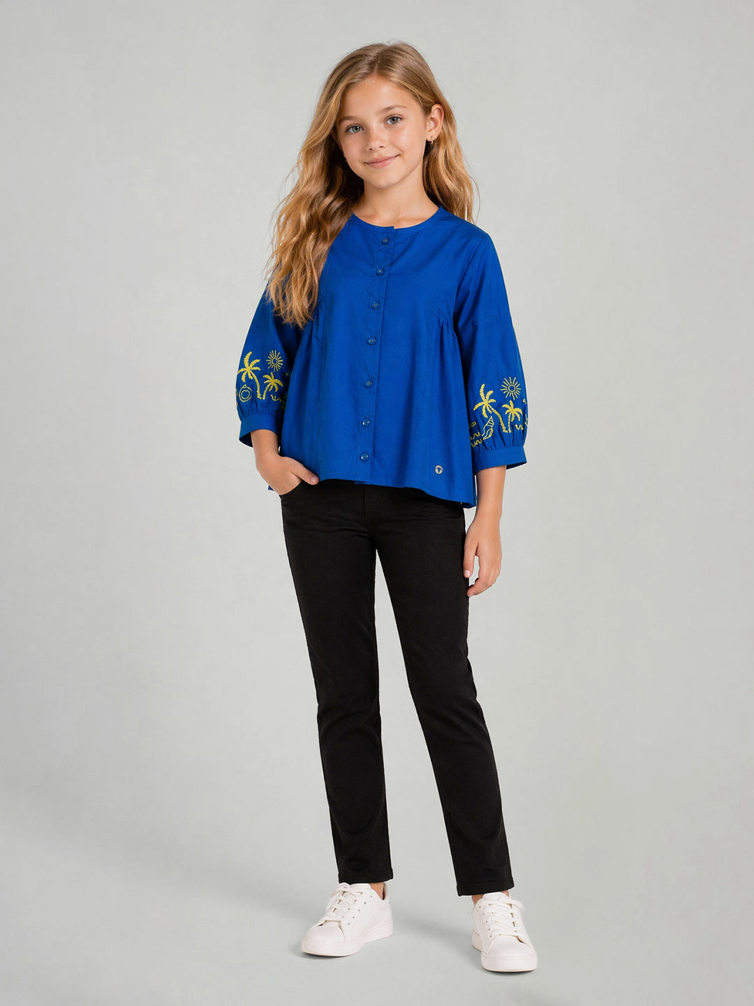 Blue Giraffe Blue Cotton Solid Girls Top