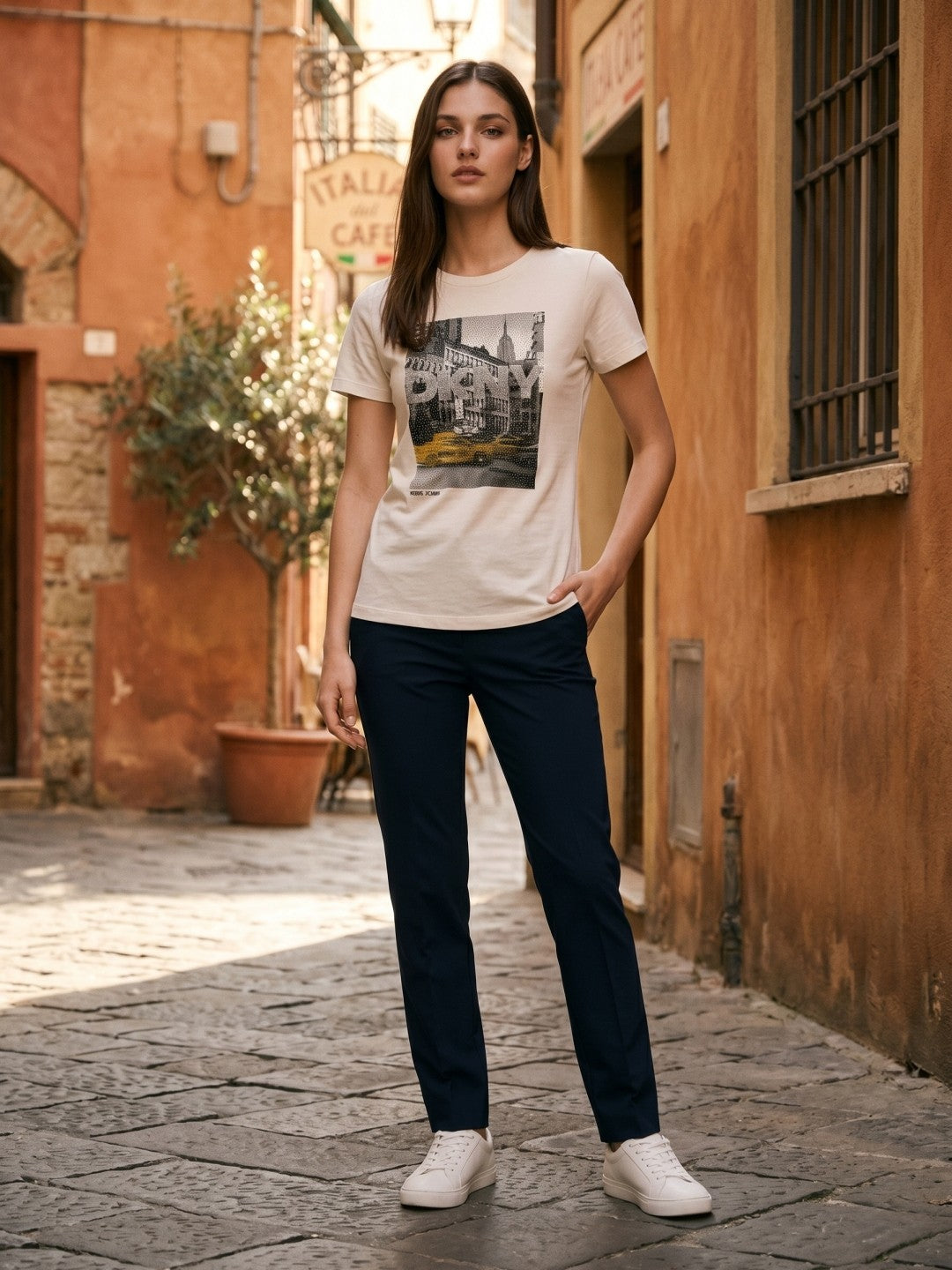 DKNY White Cotton Printed Women Regular Fit T Shirt