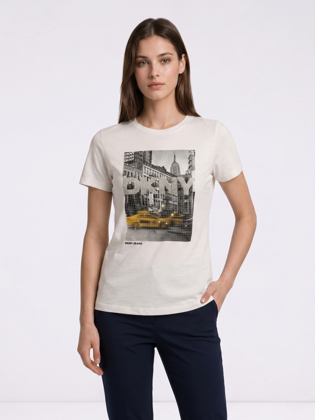DKNY White Cotton Printed Women Regular Fit T Shirt