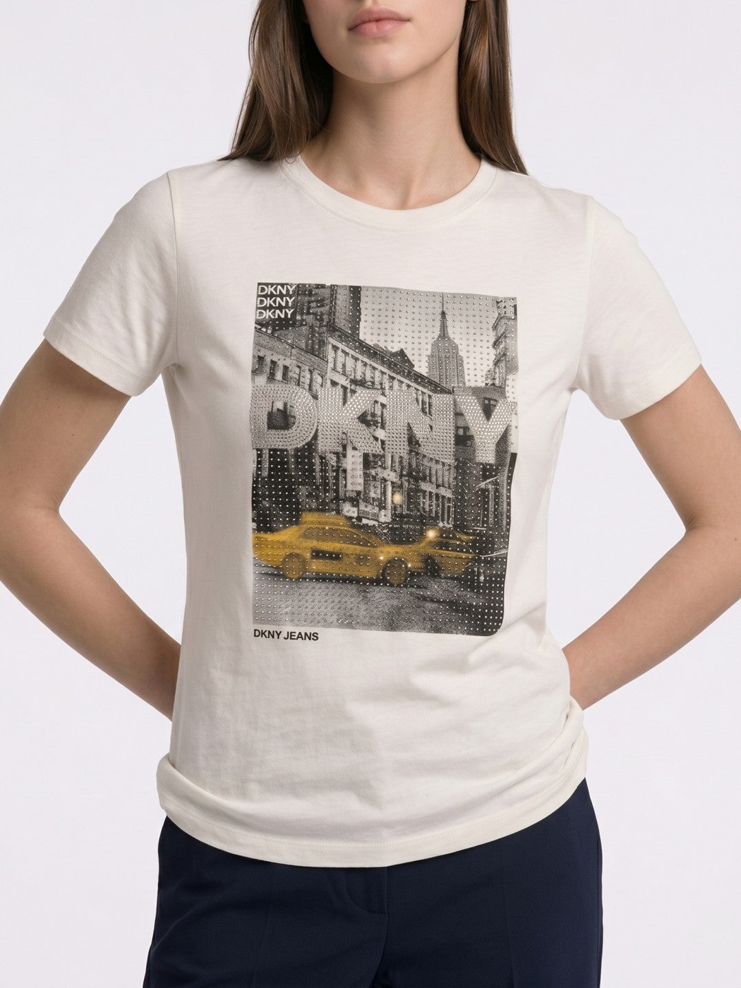DKNY White Cotton Printed Women Regular Fit T Shirt