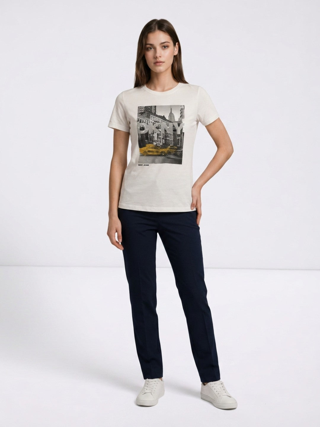 DKNY White Cotton Printed Women Regular Fit T Shirt