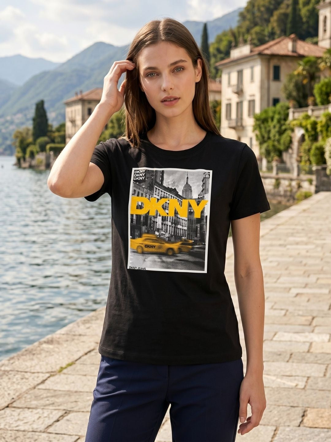 DKNY Black Cotton Printed Women Regular Fit T Shirt