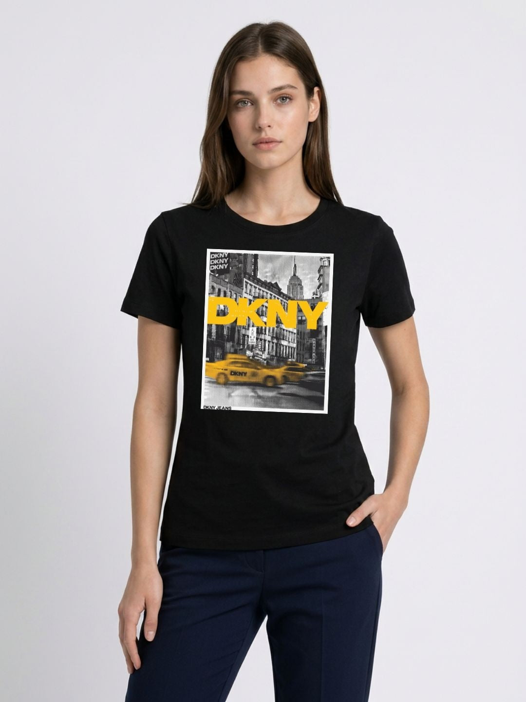 DKNY Black Cotton Printed Women Regular Fit T Shirt
