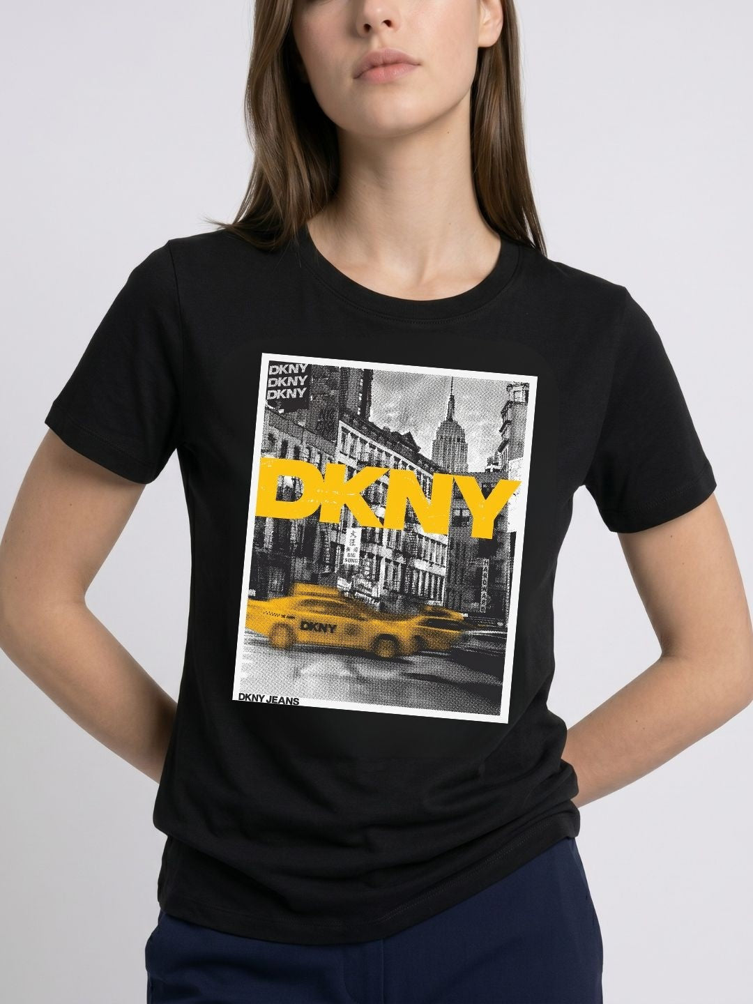 DKNY Black Cotton Printed Women Regular Fit T Shirt