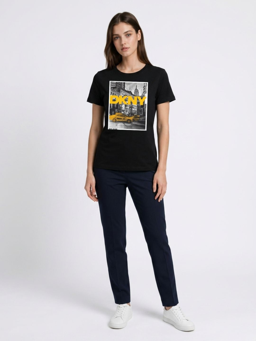DKNY Black Cotton Printed Women Regular Fit T Shirt