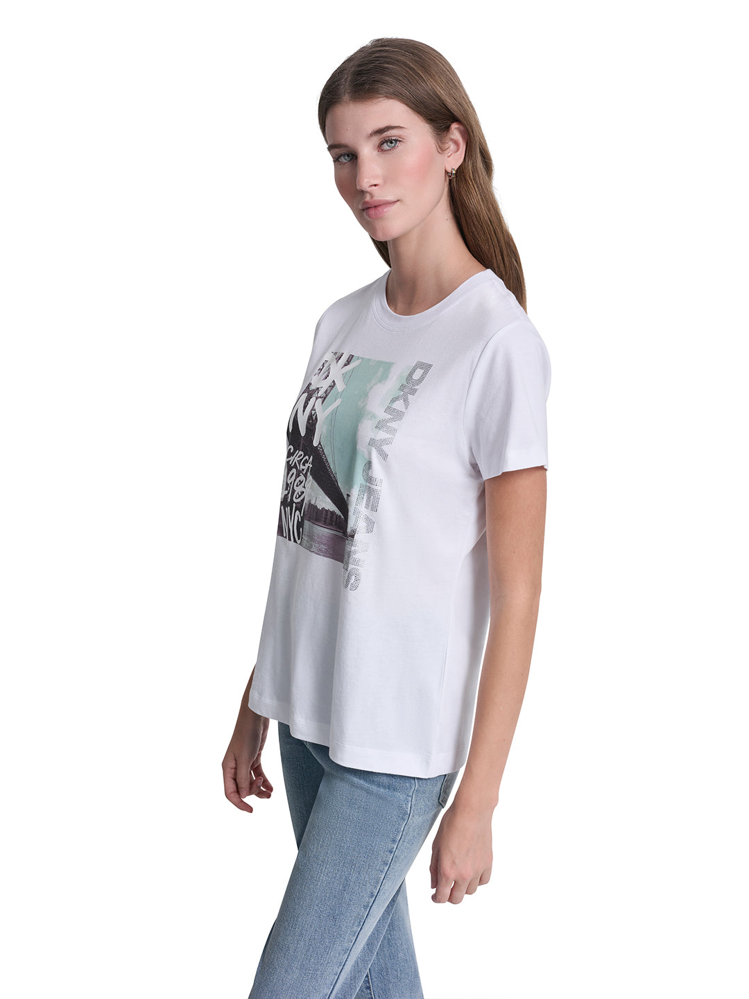 DKNY Women White Printed Round Neck T-Shirt