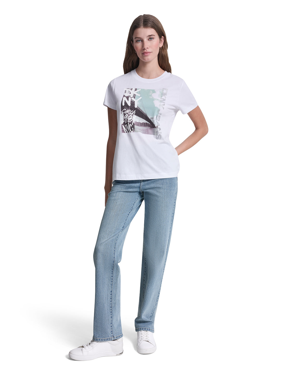 DKNY Women White Printed Round Neck T-Shirt