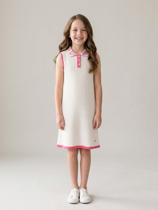 Elle Girls Cream Jacquard Pure Cotton Dress