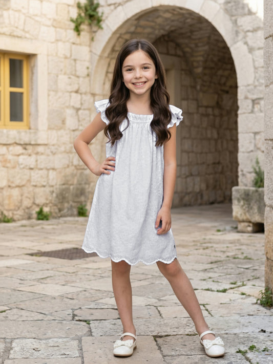 Elle White Cotton Embroidered Girls Dress