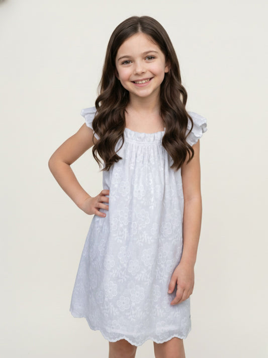 Elle White Cotton Embroidered Girls Dress