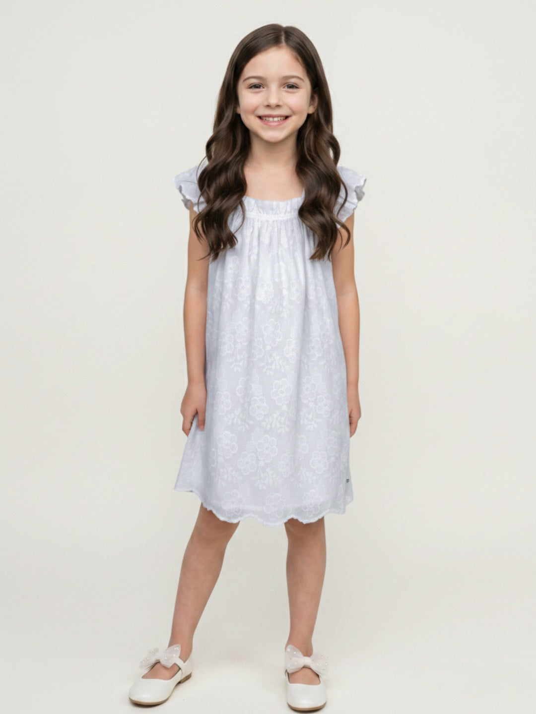 Elle White Cotton Embroidered Girls Dress