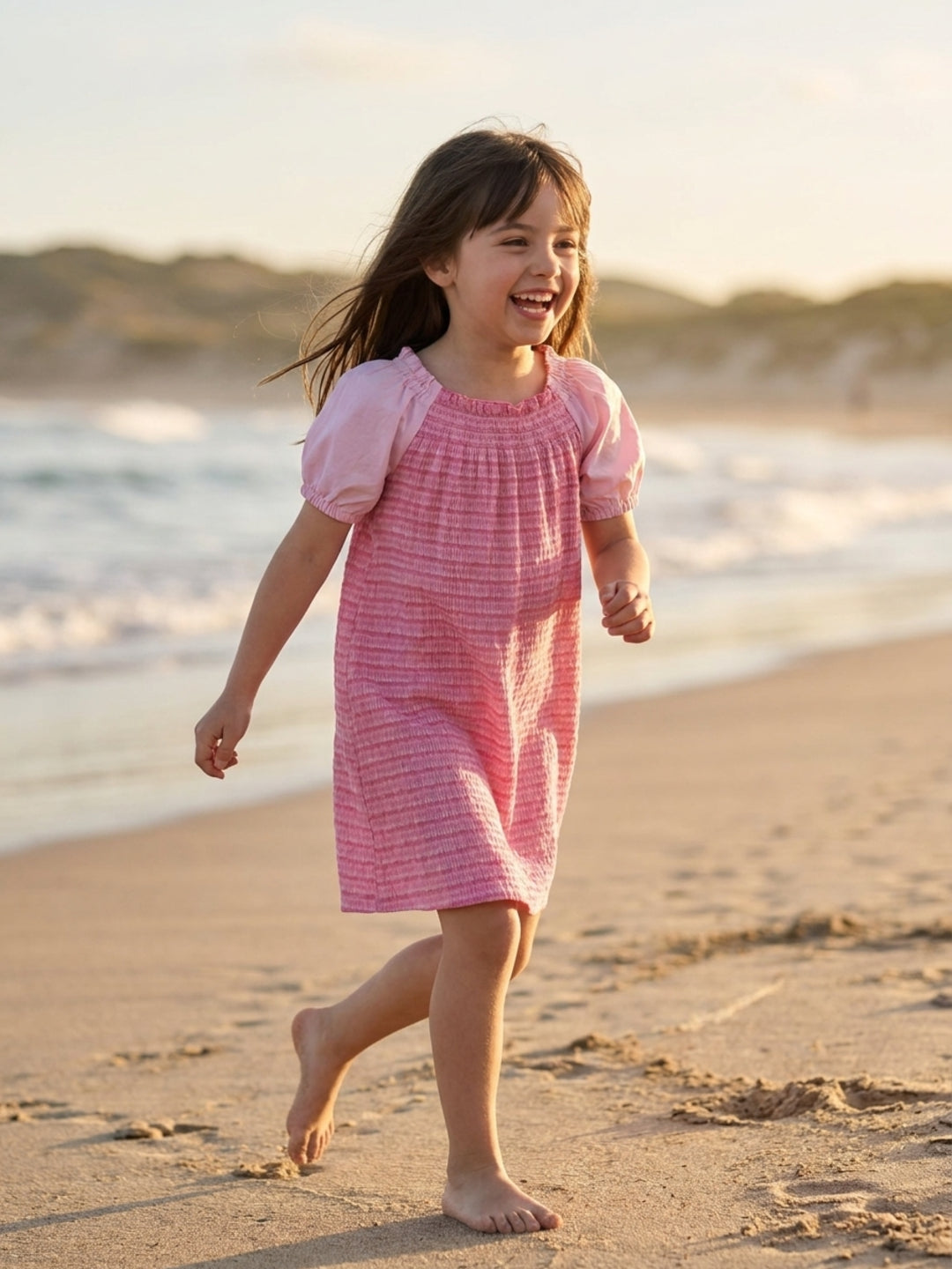 Elle Girls Pink Striped Stretchable Flared Dress