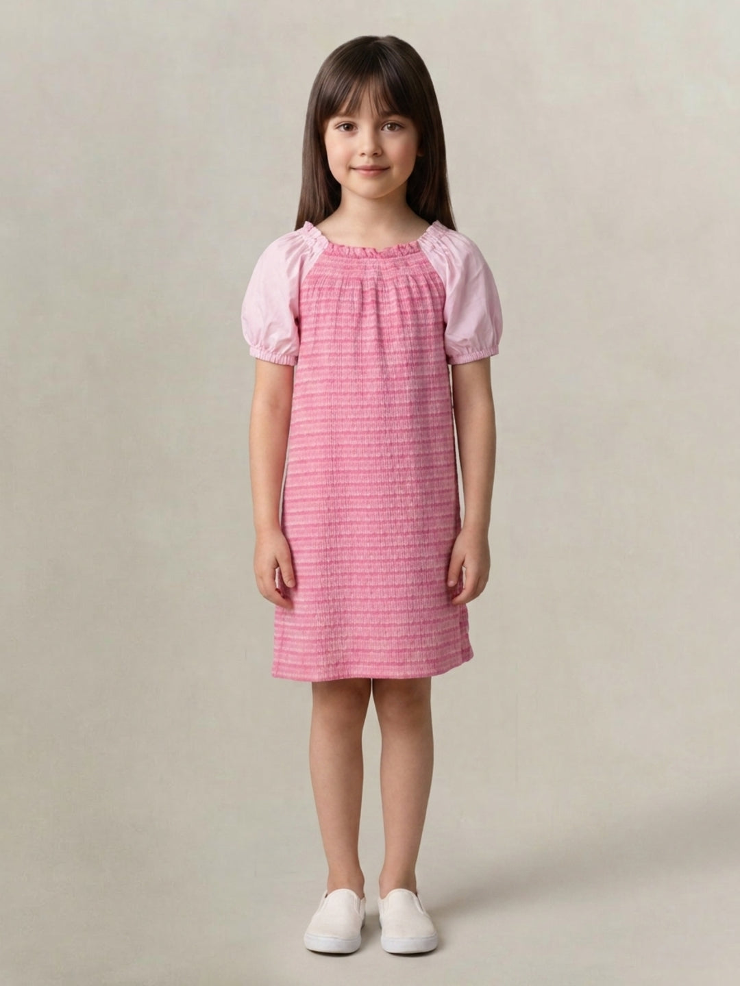 Elle Girls Pink Striped Stretchable Flared Dress